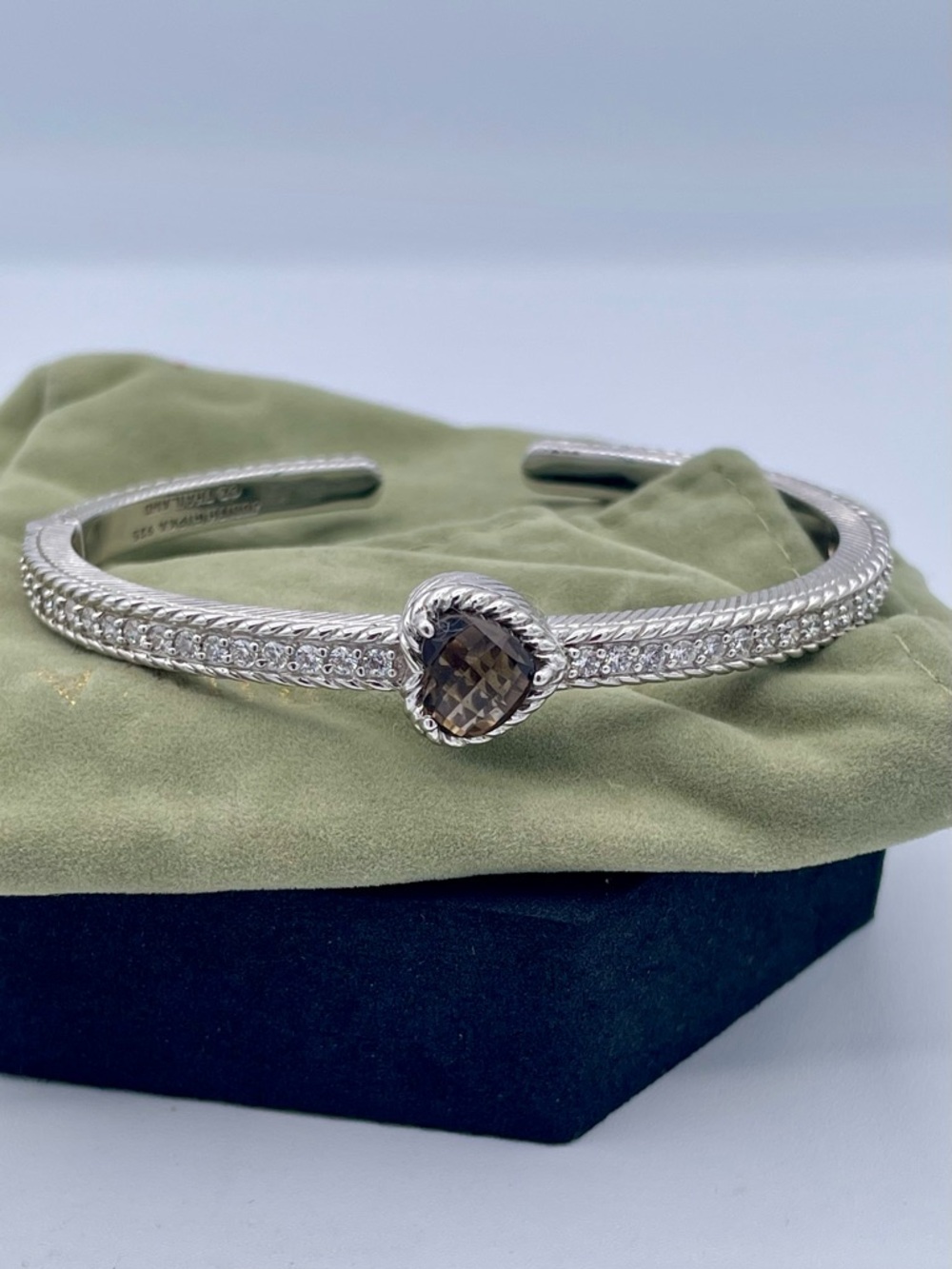 Judith Ripka Sterling Silver 925 Smoky Quartz Heart Cuff Bracelet CZ Pavé Cable